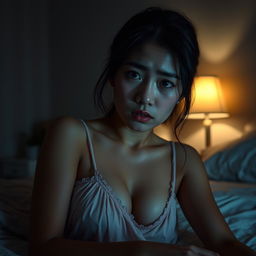 A beautiful 23-year-old Indonesian woman with a slim and sexy physique, her plump breasts highlighted by the nightgown she wears