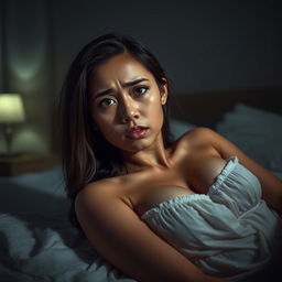 A beautiful 23-year-old Indonesian woman with a slim and sexy physique, her plump breasts highlighted by the nightgown she wears