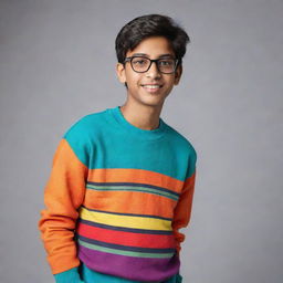 A nerdy teenage Indian boy, with a proud and intellectual demeanor, wearing a colorful and trendy sweatshirt.