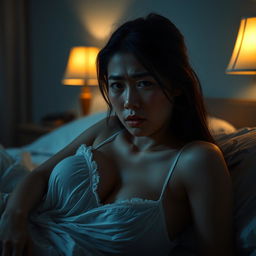 A beautiful 23-year-old Indonesian woman with a slim and sexy physique, her plump breasts highlighted by the nightgown she wears