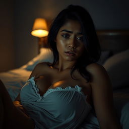 A beautiful 23-year-old Indonesian woman with a slim and sexy physique, her plump breasts highlighted by the nightgown she wears