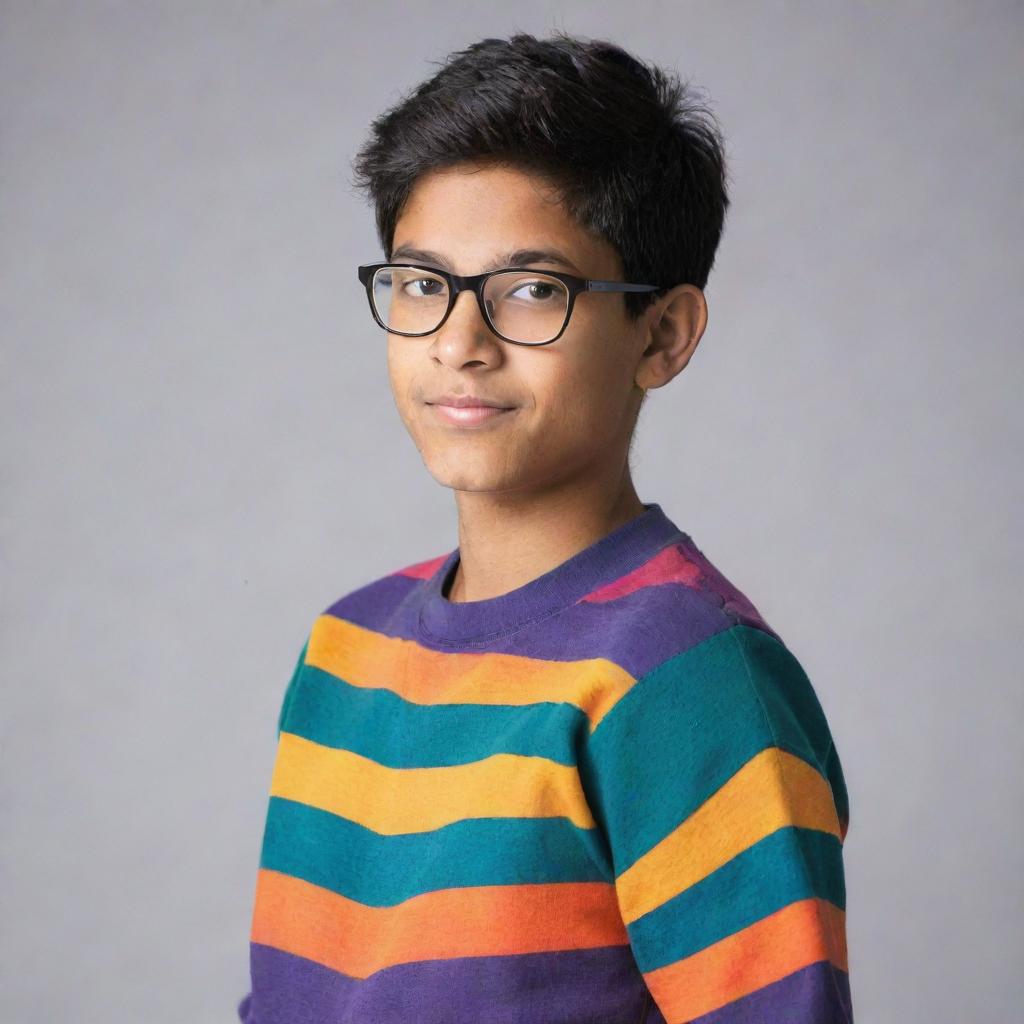 A nerdy teenage Indian boy, with a proud and intellectual demeanor, wearing a colorful and trendy sweatshirt.