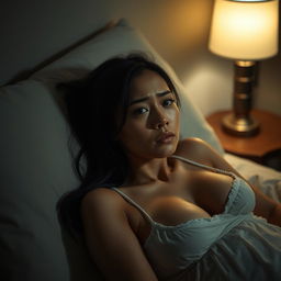 A beautiful 23-year-old Indonesian woman with a slim and sexy body, emphasized by her plump breasts, elegantly draped in a nightgown