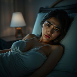 A beautiful 23-year-old Indonesian woman with a slim and sexy body, emphasized by her plump breasts, elegantly draped in a nightgown