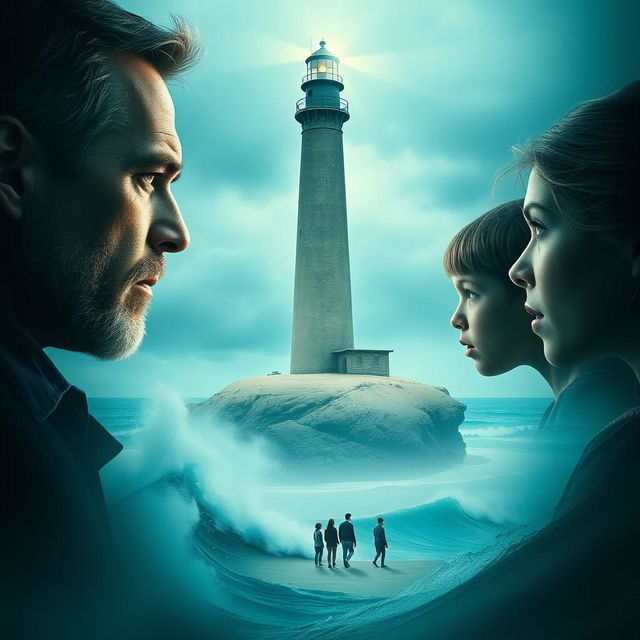 Dramatic movie poster featuring a tall, foreboding lighthouse on a sandy island surrounded by the turbulent turquoise sea