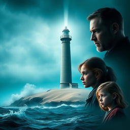 Dramatic movie poster featuring a tall, foreboding lighthouse on a sandy island surrounded by the turbulent turquoise sea