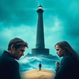 Dramatic movie poster featuring a tall, foreboding lighthouse on a sandy island surrounded by the turbulent turquoise sea