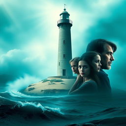 Dramatic movie poster featuring a tall, foreboding lighthouse on a sandy island surrounded by the turbulent turquoise sea