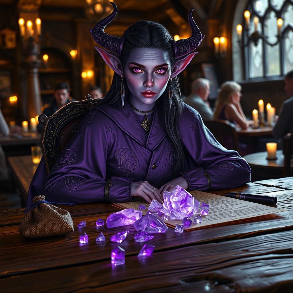 A purple-skinned female tiefling mage is seated elegantly in a medieval tavern