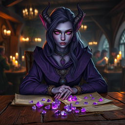 A purple-skinned female tiefling mage is seated elegantly in a medieval tavern