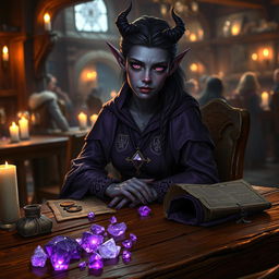 A purple-skinned female tiefling mage is seated elegantly in a medieval tavern