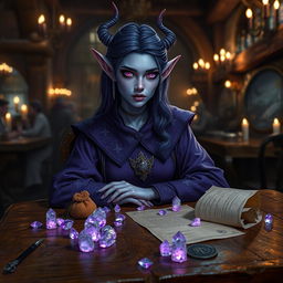 A purple-skinned female tiefling mage is seated elegantly in a medieval tavern