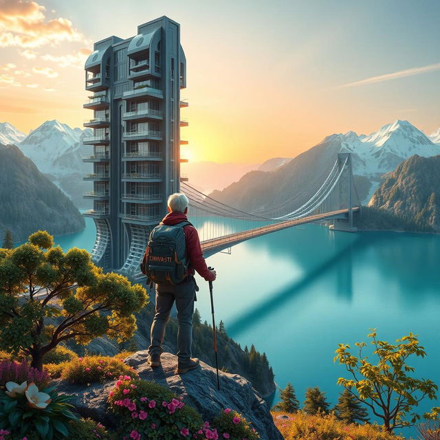 A super realistic image portraying an architect with light-colored hair standing on a flower-covered rock, facing away with trekking poles in hand