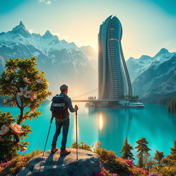 A super realistic image portraying an architect with light-colored hair standing on a flower-covered rock, facing away with trekking poles in hand