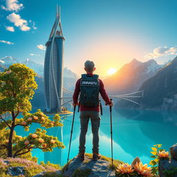 A super realistic image portraying an architect with light-colored hair standing on a flower-covered rock, facing away with trekking poles in hand