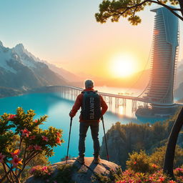 A super realistic image portraying an architect with light-colored hair standing on a flower-covered rock, facing away with trekking poles in hand