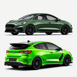 A composite image displaying angled side views from both the back and front of a 2024 Ford Focus ST AWD 4-door hatchback coupe, featuring Mazda RX8 rear doors designed without handles