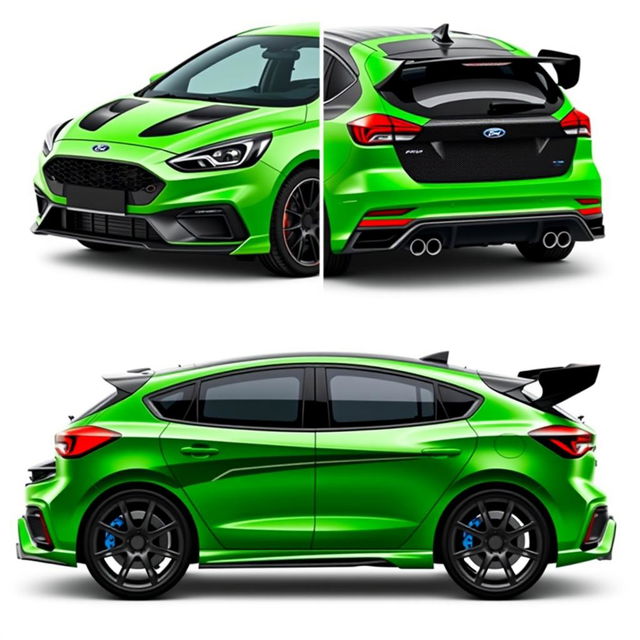 A composite image displaying angled side views from both the back and front of a 2024 Ford Focus ST AWD 4-door hatchback coupe, featuring Mazda RX8 rear doors designed without handles