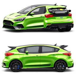 A composite image displaying angled side views from both the back and front of a 2024 Ford Focus ST AWD 4-door hatchback coupe, featuring Mazda RX8 rear doors designed without handles