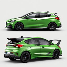 A composite image displaying angled side views from both the back and front of a 2024 Ford Focus ST AWD 4-door hatchback coupe, featuring Mazda RX8 rear doors designed without handles