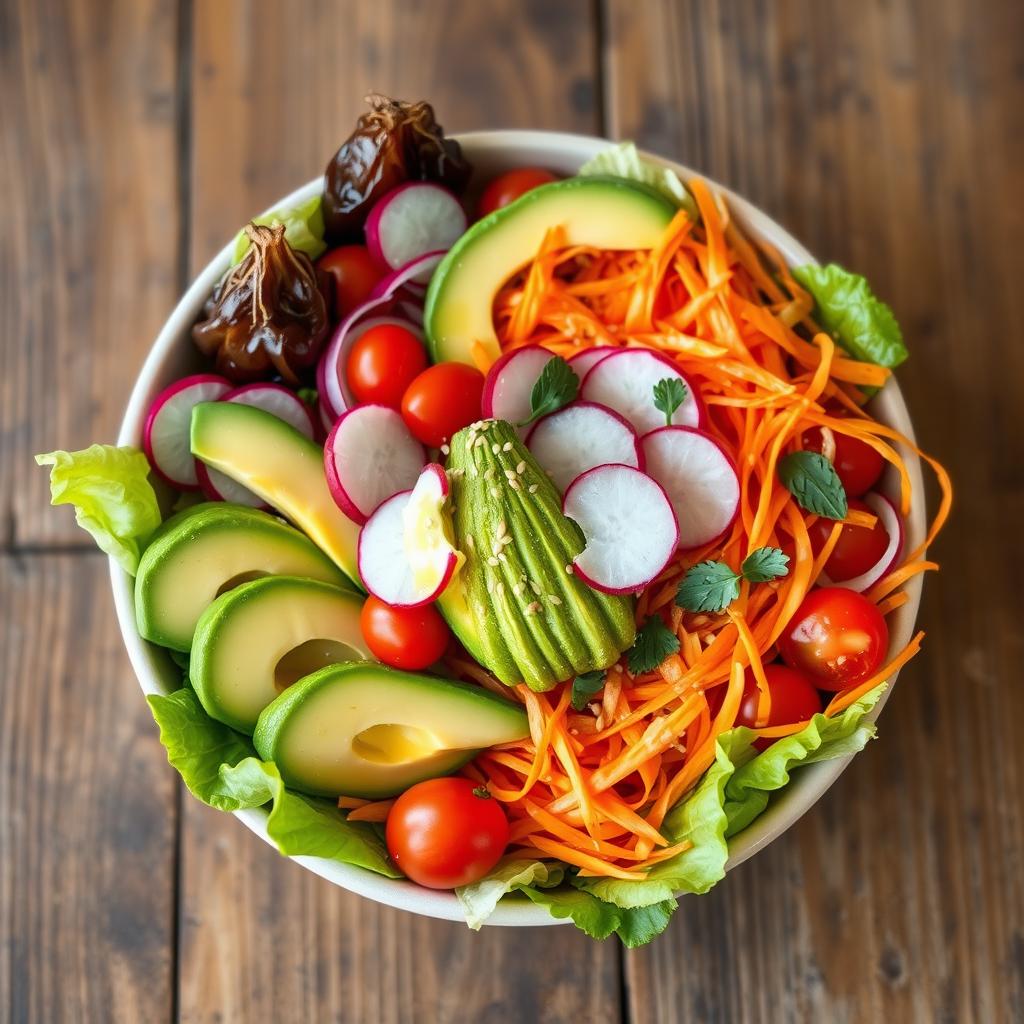 An exquisite, vibrant salad showcasing a harmonious blend of fresh, colorful vegetables