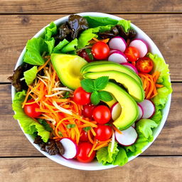 An exquisite, vibrant salad showcasing a harmonious blend of fresh, colorful vegetables