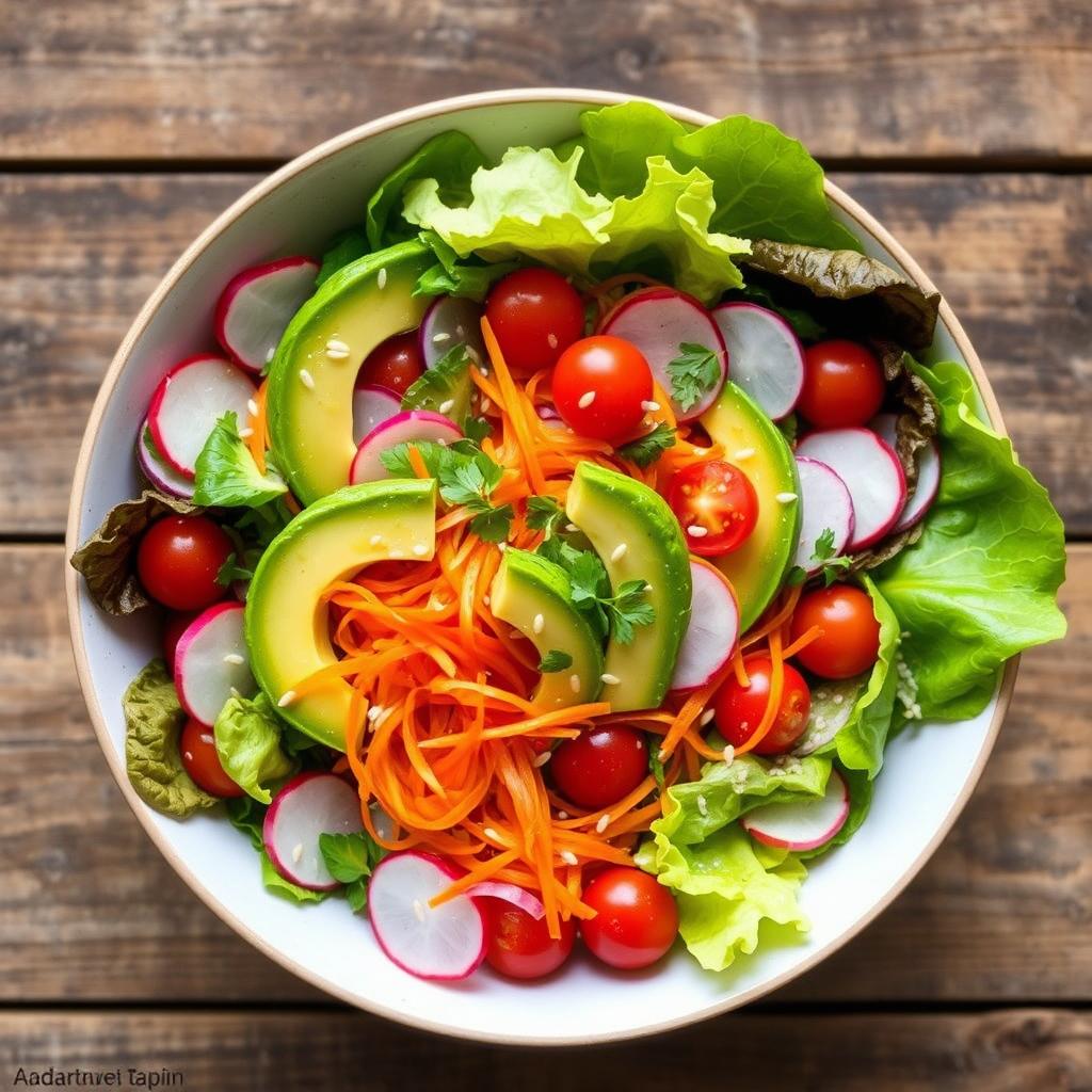 An exquisite, vibrant salad showcasing a harmonious blend of fresh, colorful vegetables