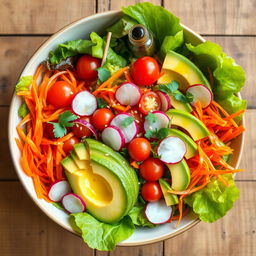 An exquisite, vibrant salad showcasing a harmonious blend of fresh, colorful vegetables