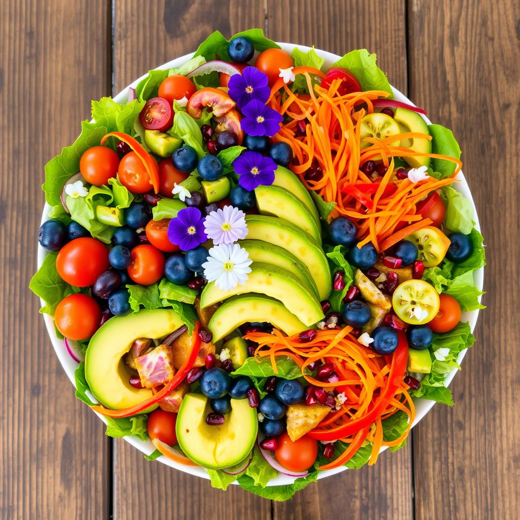 A stunning, vibrant salad featuring an array of fresh vegetables and fruits, meticulously arranged to highlight a spectrum of colors and textures