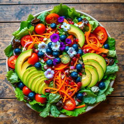 A stunning, vibrant salad featuring an array of fresh vegetables and fruits, meticulously arranged to highlight a spectrum of colors and textures