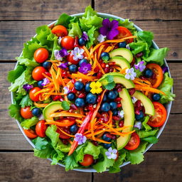 A stunning, vibrant salad featuring an array of fresh vegetables and fruits, meticulously arranged to highlight a spectrum of colors and textures