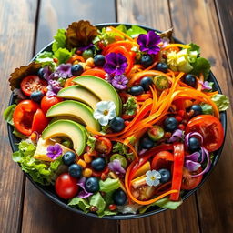 A stunning, vibrant salad featuring an array of fresh vegetables and fruits, meticulously arranged to highlight a spectrum of colors and textures