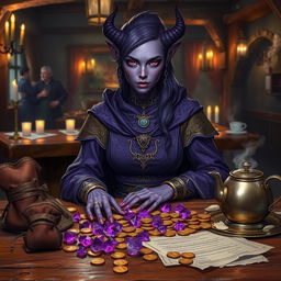 A purple-skinned female tiefling mage sits elegantly in a medieval tavern