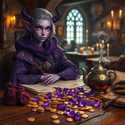 A purple-skinned female tiefling mage sits elegantly in a medieval tavern