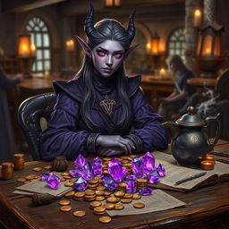 A purple-skinned female tiefling mage sits elegantly in a medieval tavern