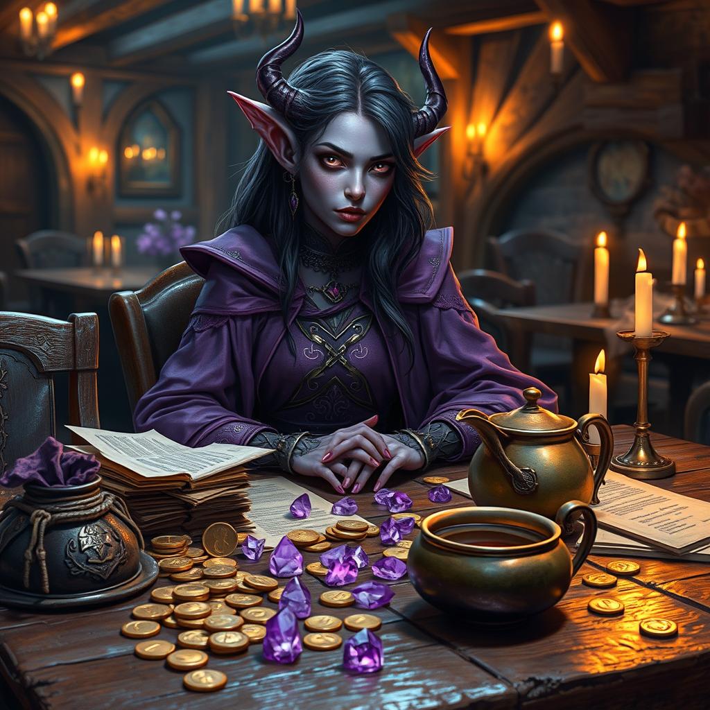 A purple-skinned female tiefling mage sits elegantly in a medieval tavern