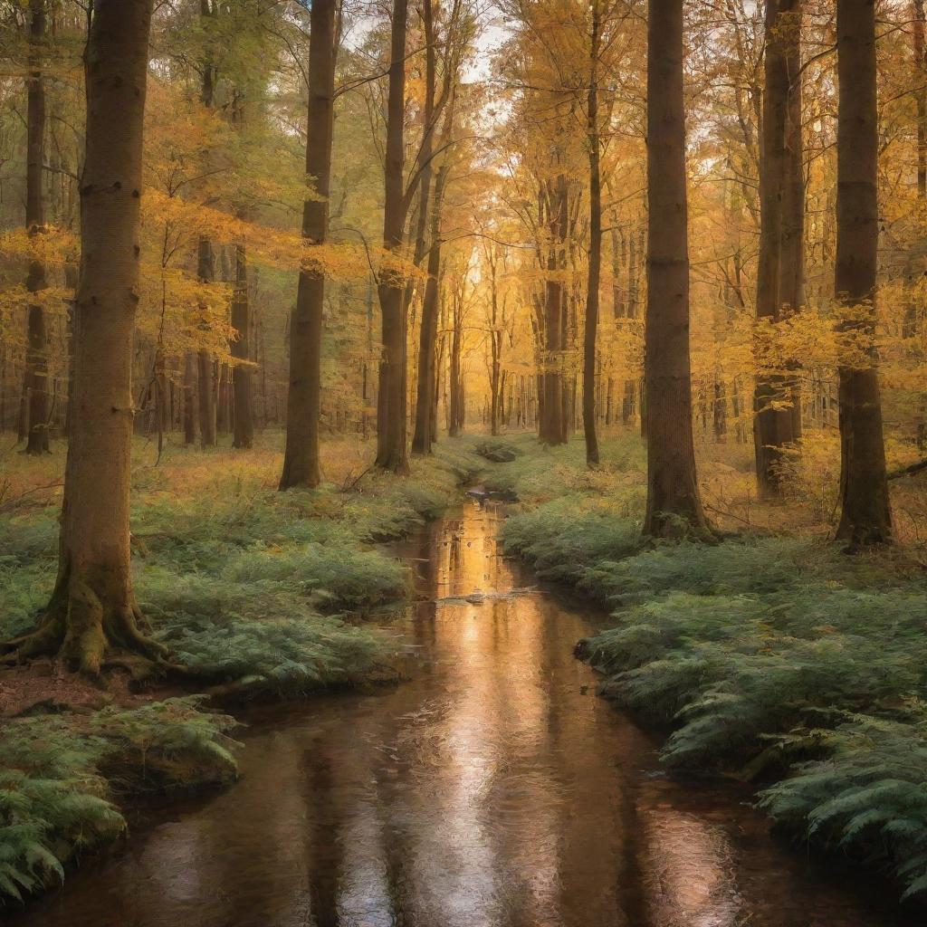 An enchanting view of a tranquil forest during sunset, filled with tall trees whose leaves are adorned with golden hues, a calm stream peacefully meandering through.