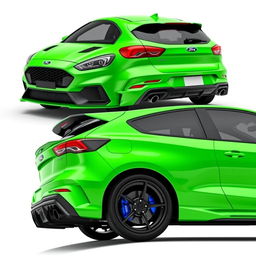 A composite image featuring angled side views from both the back and front of a 2024 Ford Focus ST AWD 4-door hatchback coupe