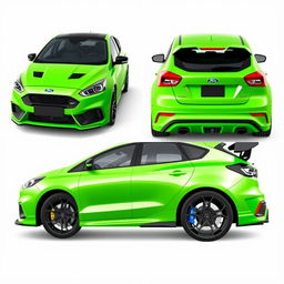 A composite image featuring angled side views from both the back and front of a 2024 Ford Focus ST AWD 4-door hatchback coupe