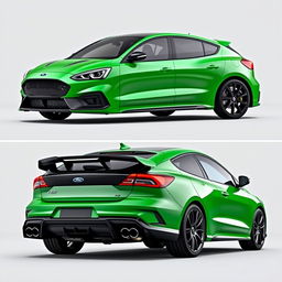 A composite image featuring angled side views from both the back and front of a 2024 Ford Focus ST AWD 4-door hatchback coupe