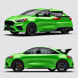 A composite image featuring angled side views from both the back and front of a 2024 Ford Focus ST AWD 4-door hatchback coupe