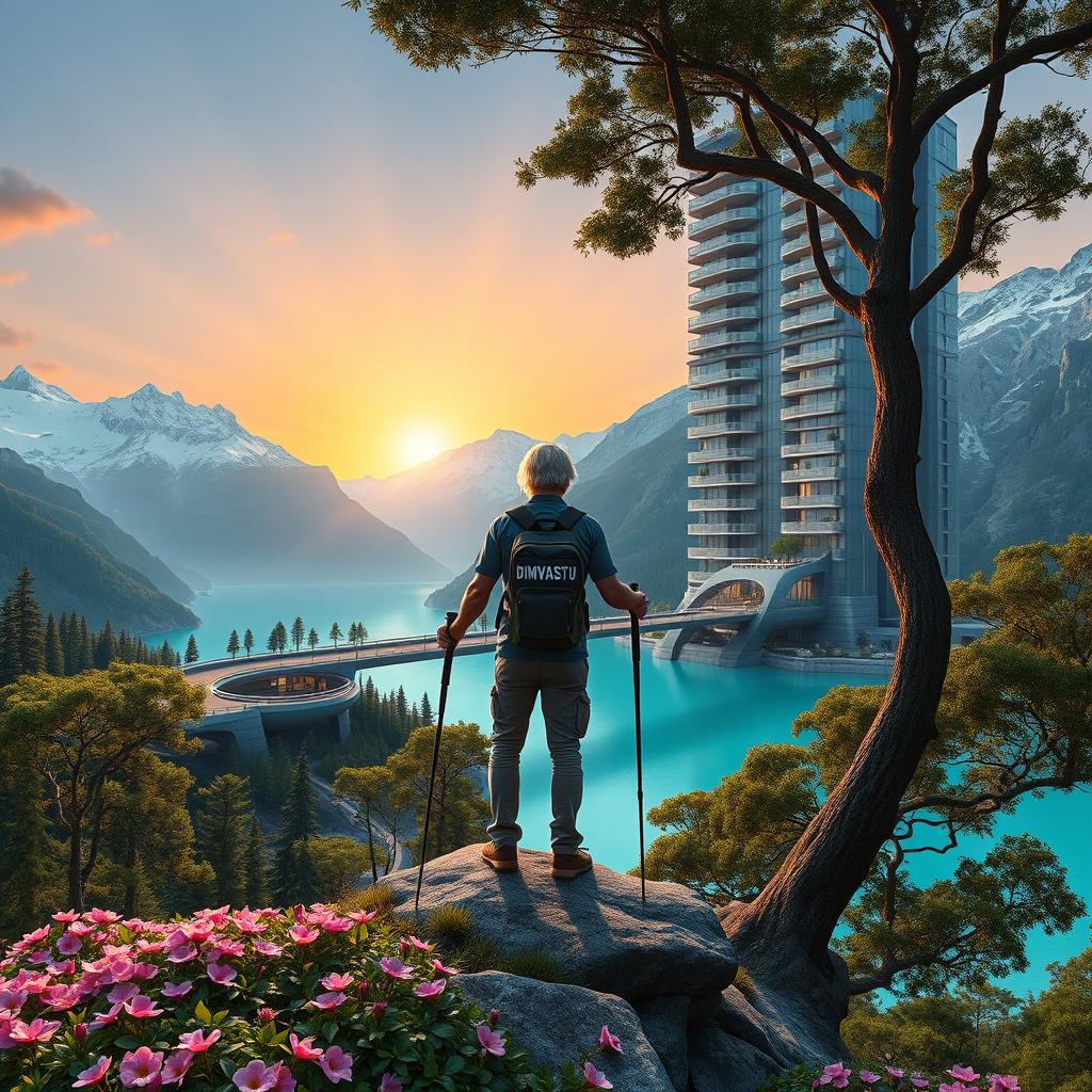 A super realistic image of an architect with light-colored hair standing on a flower-covered rock, facing away with trekking poles in hand