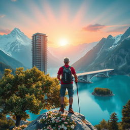 A super realistic image of an architect with light-colored hair standing on a flower-covered rock, facing away with trekking poles in hand