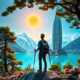 A super realistic image of an architect with light-colored hair standing on a flower-covered rock, facing away with trekking poles in hand