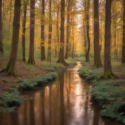 An enchanting view of a tranquil forest during sunset, filled with tall trees whose leaves are adorned with golden hues, a calm stream peacefully meandering through.