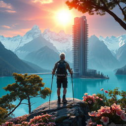 A super realistic image of an architect with light-colored hair standing on a flower-covered rock, facing away with trekking poles in hand