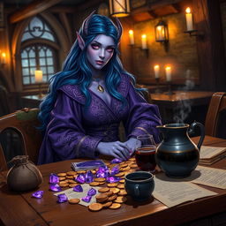 A purple-skinned female tiefling mage with long, flowing blue hair sits elegantly in a medieval tavern