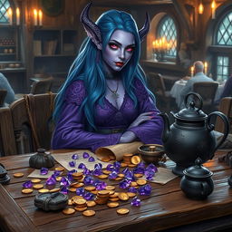 A purple-skinned female tiefling mage with long, flowing blue hair sits elegantly in a medieval tavern