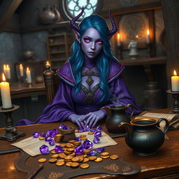 A purple-skinned female tiefling mage with long, flowing blue hair sits elegantly in a medieval tavern