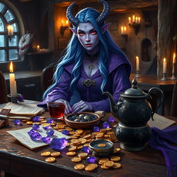 A purple-skinned female tiefling mage with long, flowing blue hair sits elegantly in a medieval tavern